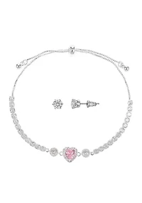Lab Created Silver Plated CZ Bolo Tennis Bracelet with Pink Heart and Stud Earring Set