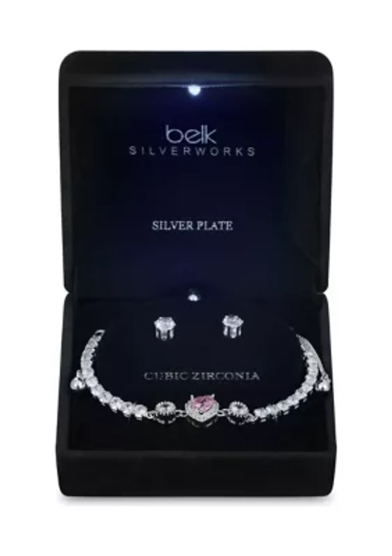 Lab Created Silver Plated CZ Bolo Tennis Bracelet with Pink Heart and Stud Earring Set