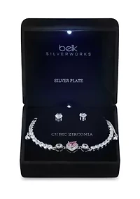 Lab Created Silver Plated CZ Bolo Tennis Bracelet with Pink Heart and Stud Earring Set