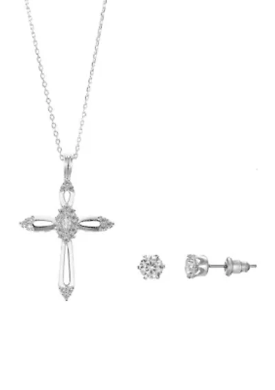 Lab Grown Open Cross Pendant Silver Plated Necklace with Cubic Zirconia Stud Earrings Set 