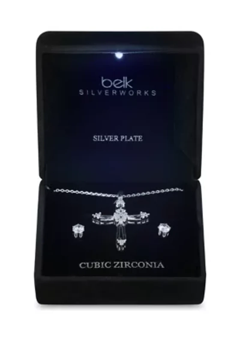Lab Grown Open Cross Pendant Silver Plated Necklace with Cubic Zirconia Stud Earrings Set 