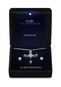 Lab Grown Open Cross Pendant Silver Plated Necklace with Cubic Zirconia Stud Earrings Set 