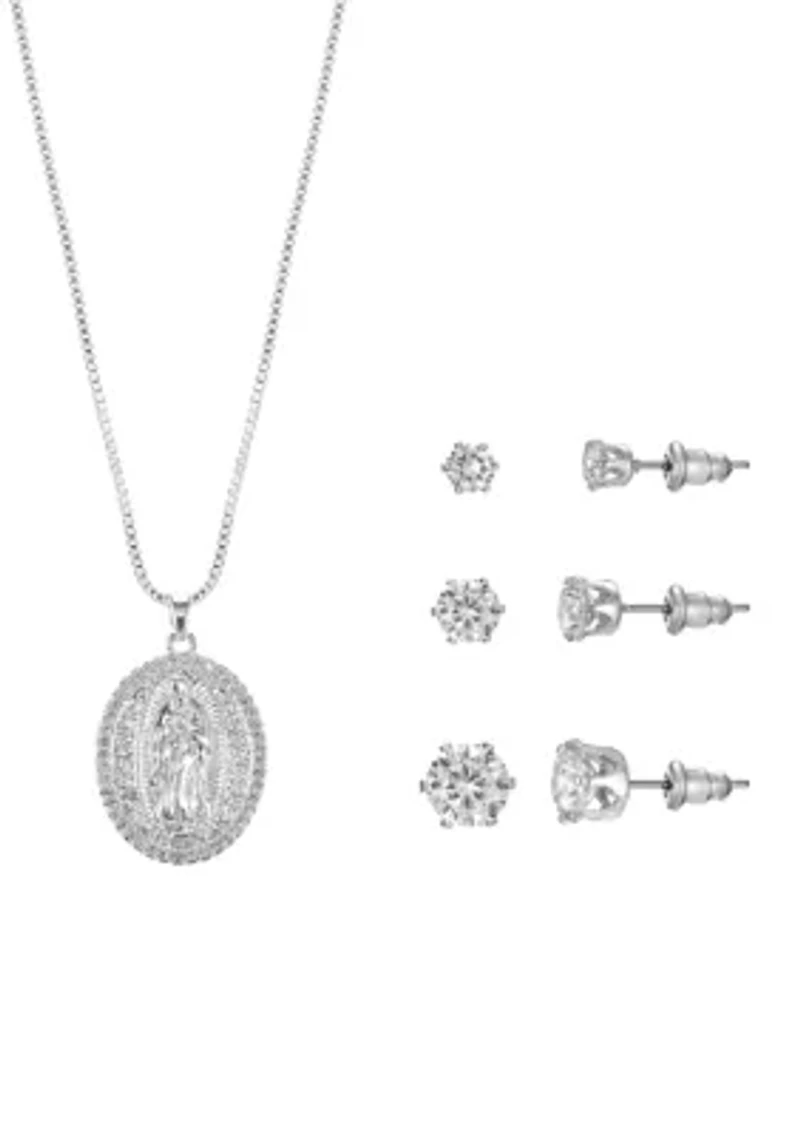 Lab Grown Oval Religious Silver Plated Pendant Necklace with Cubic Zirconia Multi Stud Earrings Set