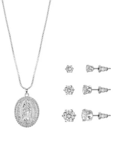 Lab Grown Oval Religious Silver Plated Pendant Necklace with Cubic Zirconia Multi Stud Earrings Set