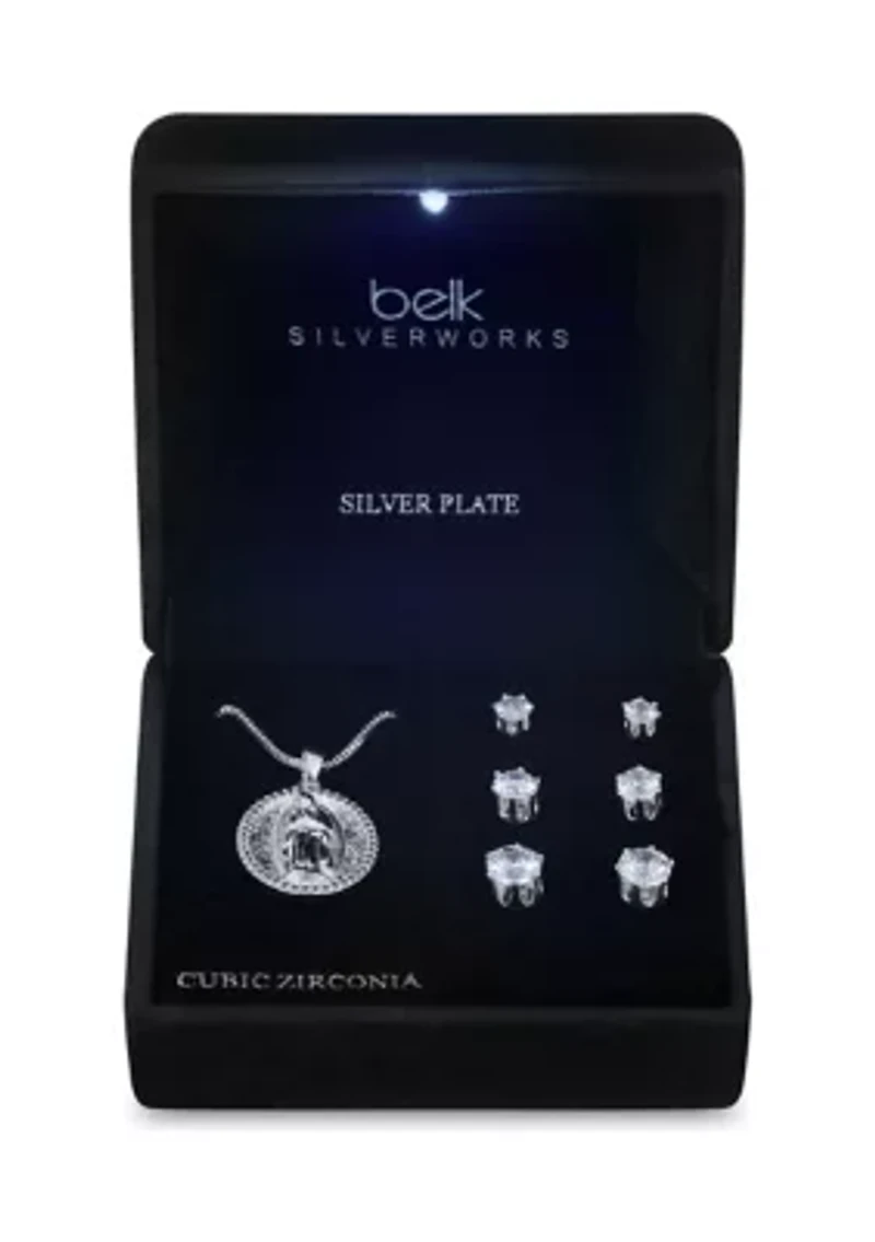 Lab Grown Oval Religious Silver Plated Pendant Necklace with Cubic Zirconia Multi Stud Earrings Set