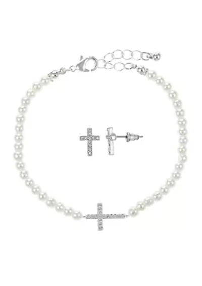 Lab Grown Silver Plated Pearl Bracelet with Cubic Zirconia Cross and Cross Stud Earring Set