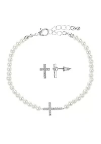 Lab Grown Silver Plated Pearl Bracelet with Cubic Zirconia Cross and Cross Stud Earring Set