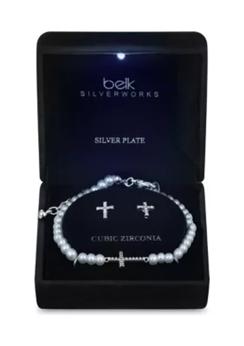 Lab Grown Silver Plated Pearl Bracelet with Cubic Zirconia Cross and Cross Stud Earring Set