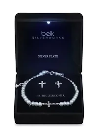 Lab Grown Silver Plated Pearl Bracelet with Cubic Zirconia Cross and Cross Stud Earring Set