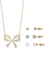 Lab Grown Gold Plated Pearl Bow Pendant Necklace with Cubic Zirconia and Pearl Multi Stud Earrings Set
