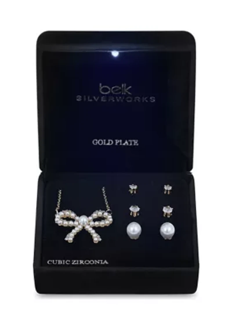 Lab Grown Gold Plated Pearl Bow Pendant Necklace with Cubic Zirconia and Pearl Multi Stud Earrings Set