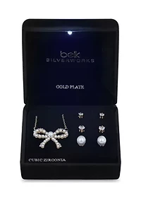 Lab Grown Gold Plated Pearl Bow Pendant Necklace with Cubic Zirconia and Pearl Multi Stud Earrings Set