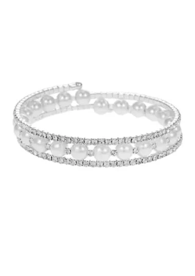 Lab Grown Genuine Crystal and Pearl Coil Tennis Bracelet