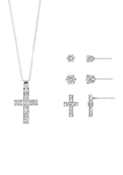 Lab Grown Silver Plated Round CZ Cross Pendant with CZ Round and Cross Stud Earrings Set