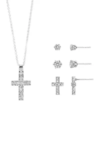 Lab Grown Silver Plated Round CZ Cross Pendant with CZ Round and Cross Stud Earrings Set