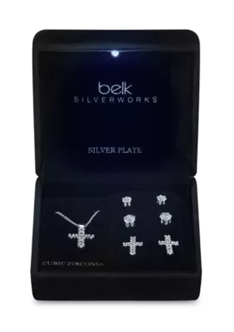 Lab Grown Silver Plated Round CZ Cross Pendant with CZ Round and Cross Stud Earrings Set