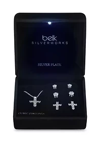 Lab Grown Silver Plated Round CZ Cross Pendant with CZ Round and Cross Stud Earrings Set