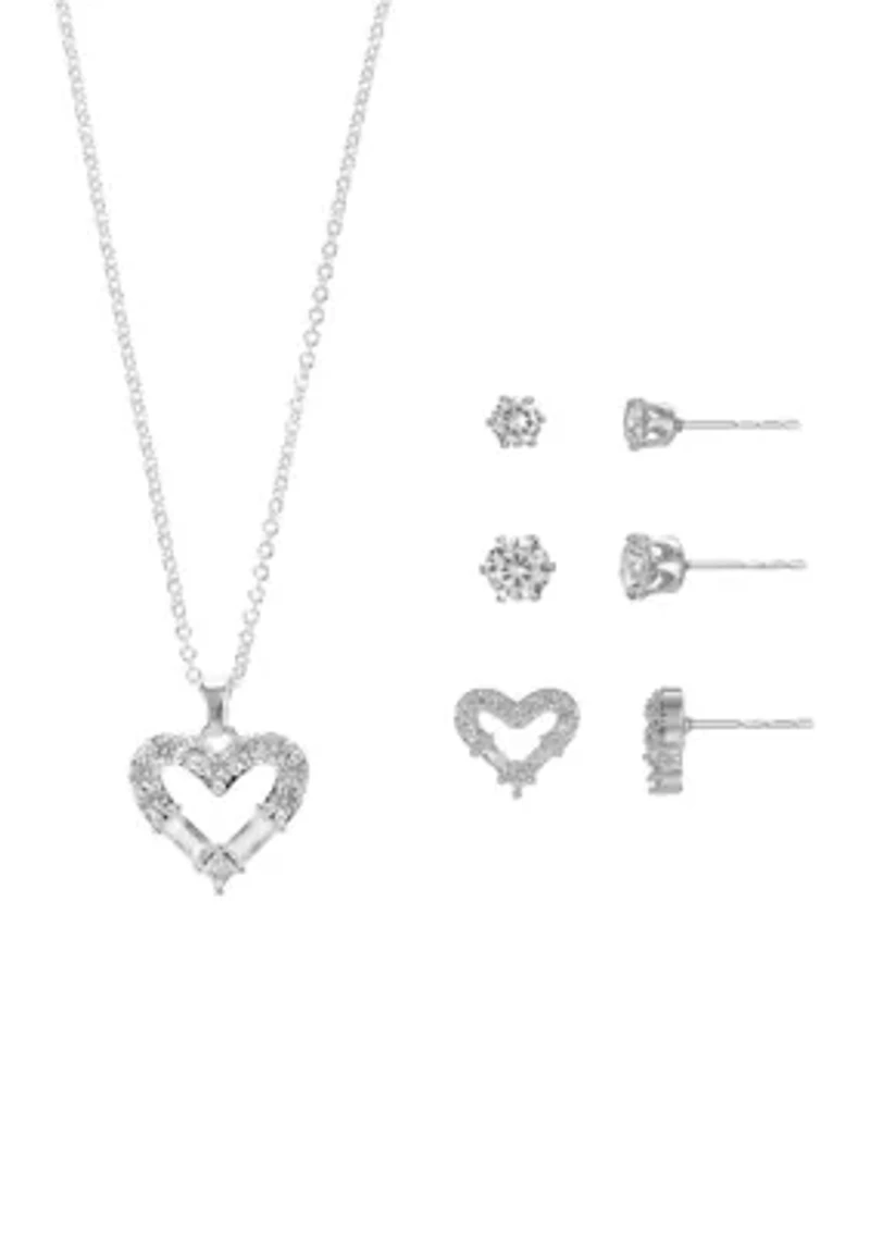 Lab Created Silver Tone Open Heart Pendant and Set of three CZ stud Earrings Set