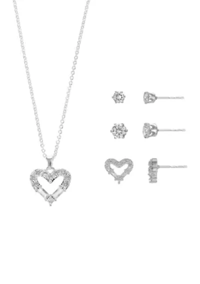 Lab Created Silver Tone Open Heart Pendant and Set of three CZ stud Earrings Set