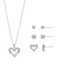 Lab Created Silver Tone Open Heart Pendant and Set of three CZ stud Earrings Set