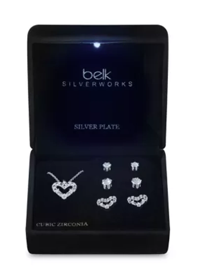 Lab Created Silver Tone Open Heart Pendant and Set of three CZ stud Earrings Set