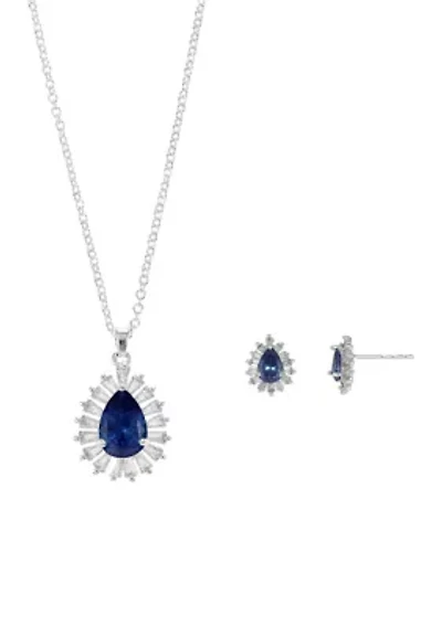 Lab Grown Silver Plated Blue Teardrop with Baguette Halo Necklace and Earring Set