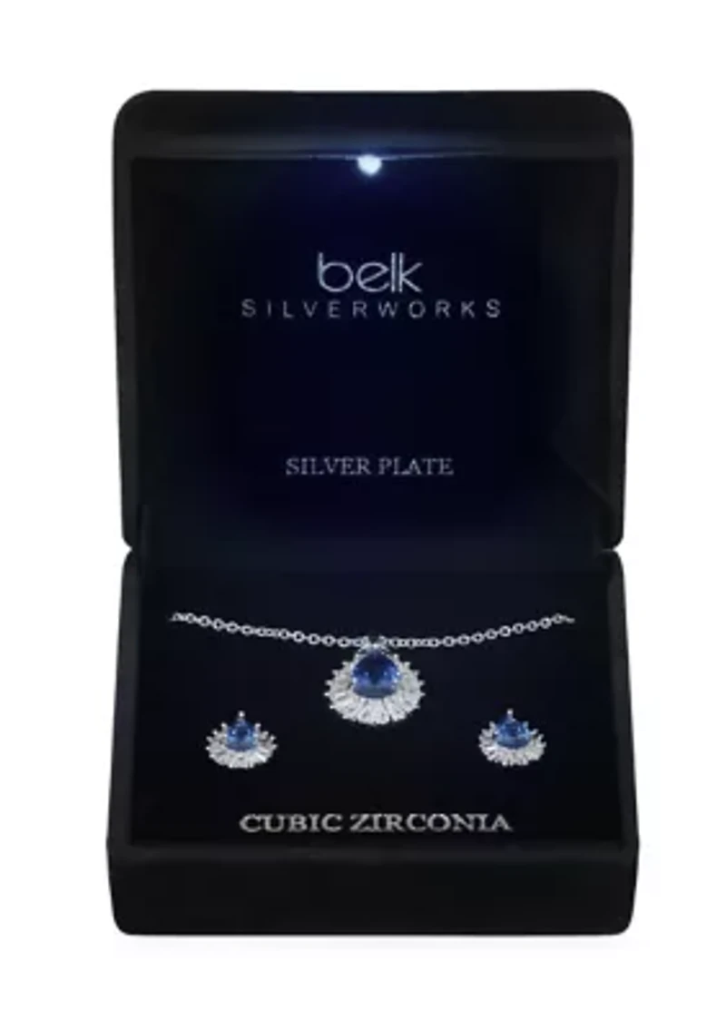 Lab Grown Silver Plated Blue Teardrop with Baguette Halo Necklace and Earring Set