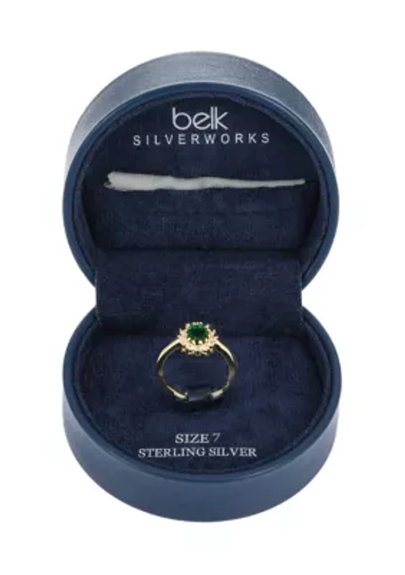 Lab Grown Sterling Silver Emerald Oval with CZ Halo Ring