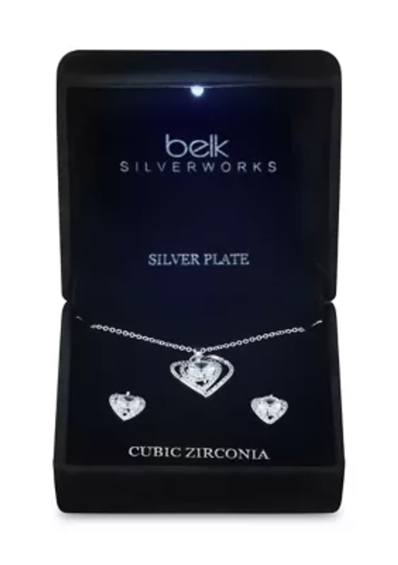 Double Heart Cubic Zirconia Necklace with Heart Earrings Set