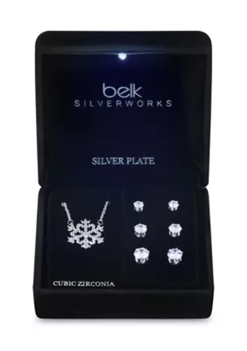 Snowflake Cubic Zirconia Necklace and Three Earrings Set 