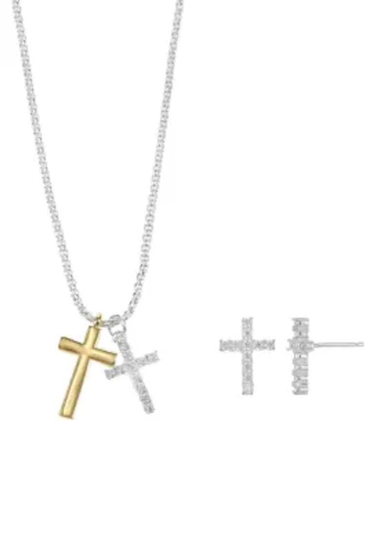 Lab-Grown Double Cross Pendant with Cubic Zirconia Cross Stud Earrings Set