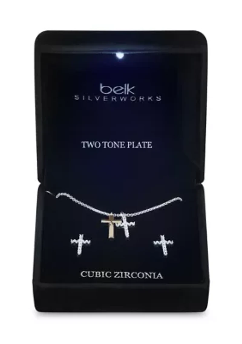 Lab-Grown Double Cross Pendant with Cubic Zirconia Cross Stud Earrings Set