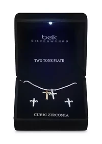 Lab-Grown Double Cross Pendant with Cubic Zirconia Cross Stud Earrings Set