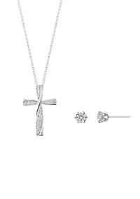 Stud Cubic Zirconia Earring and Cross Necklace Set 