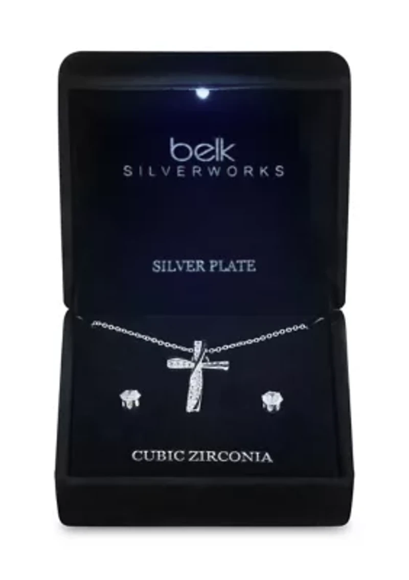Stud Cubic Zirconia Earring and Cross Necklace Set