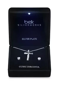 Stud Cubic Zirconia Earring and Cross Necklace Set 