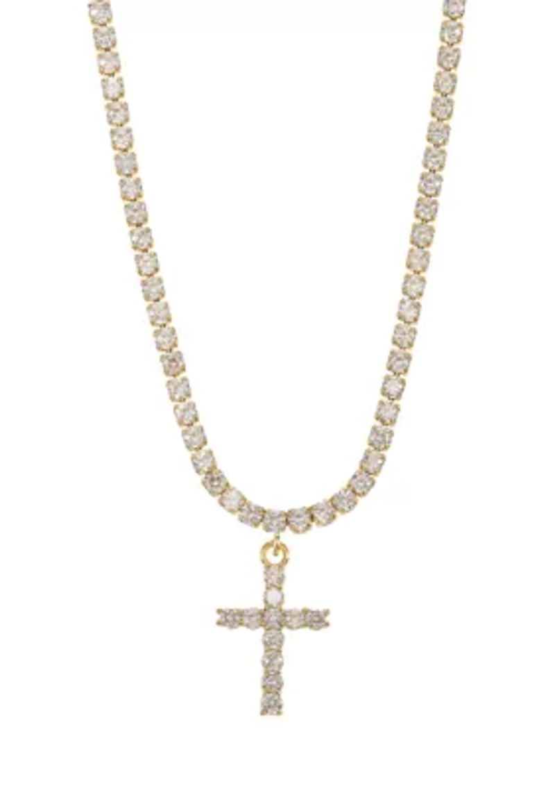 Lab-Grown Gold Tone Cubic Zirconia Tennis Necklace with Cross Pendant