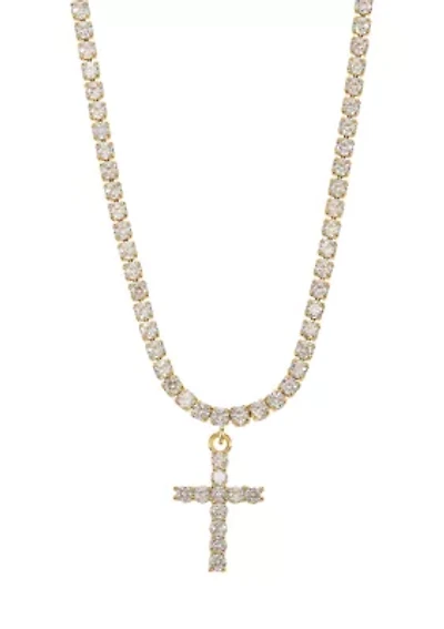 Lab-Grown Gold Tone Cubic Zirconia Tennis Necklace with Cross Pendant