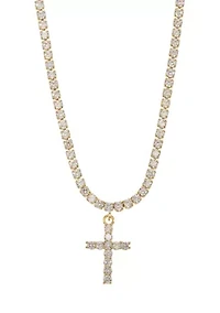 Lab-Grown Gold Tone Cubic Zirconia Tennis Necklace with Cross Pendant