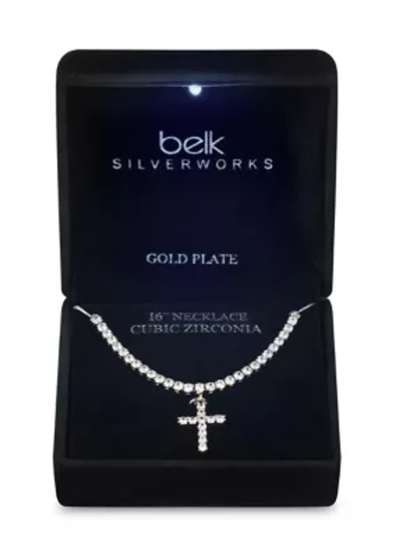 Lab-Grown Gold Tone Cubic Zirconia Tennis Necklace with Cross Pendant