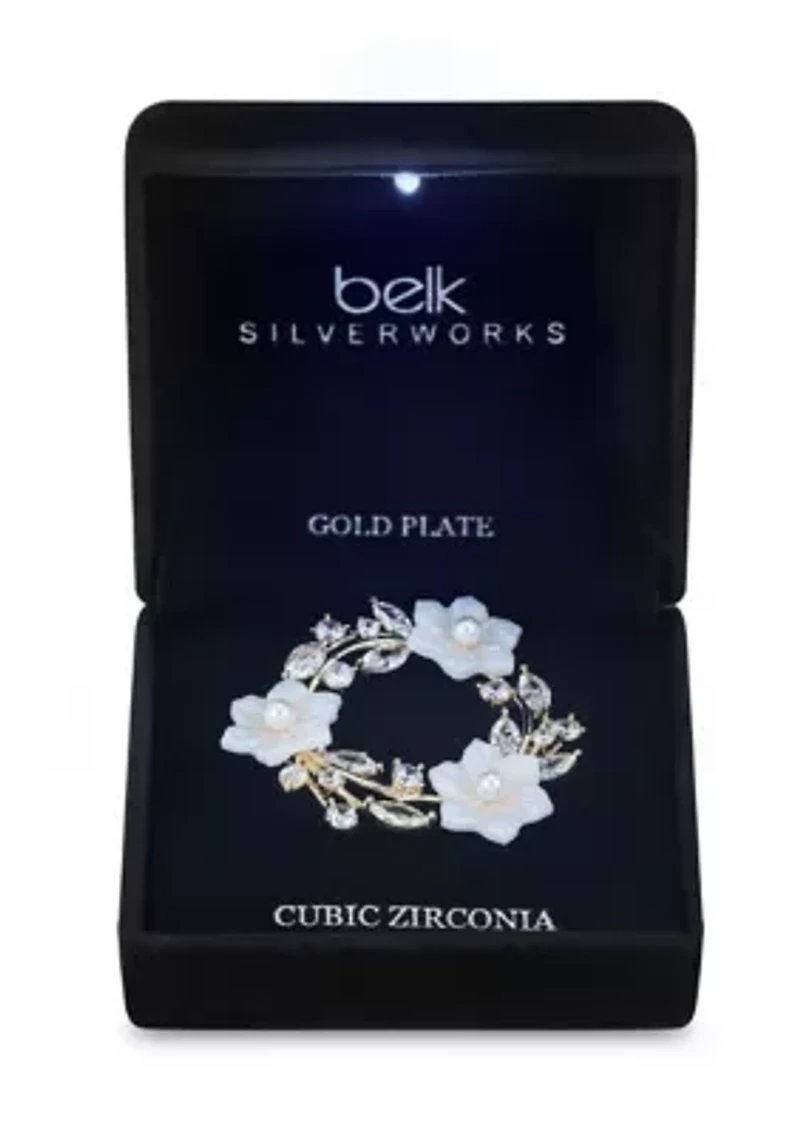 Lab Grown  Clear Cubic Zirconia and White Flower Trio Pin