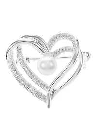 Lab Grown Pavé Pearl Cubic Zirconia Double Row Open Heart Pin