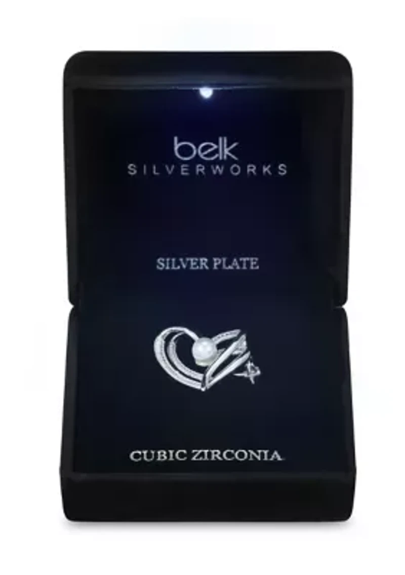 Lab Grown Pavé Pearl Cubic Zirconia Double Row Open Heart Pin