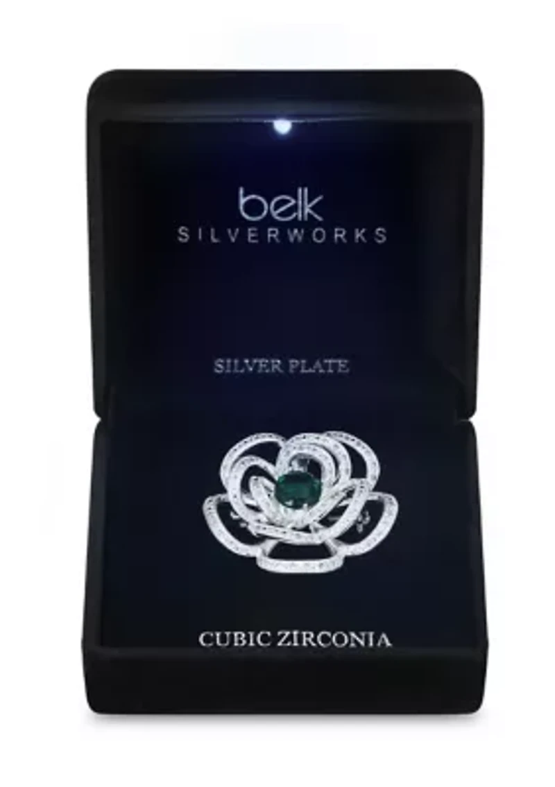 Lab Grown Emerald and Pavé Cubic Zirconia Multi Row Open Flower Pin