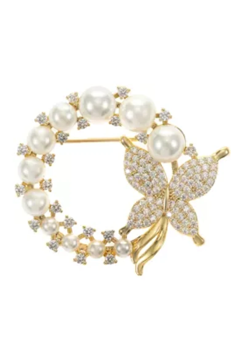 Lab Grown Gold Tone Pearl and Cubic Zirconia Butterfly Pin