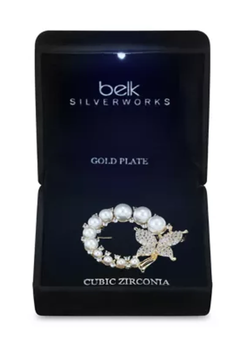 Lab Grown Gold Tone Pearl and Cubic Zirconia Butterfly Pin