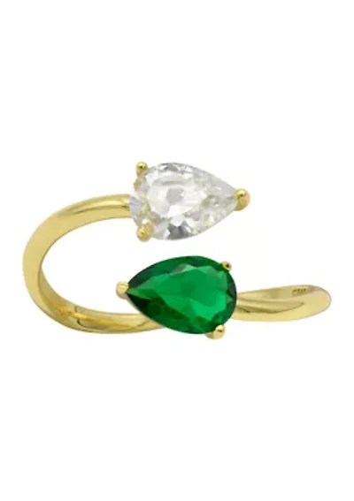Lab Grown Gold over Sterling Emerald and Clear Cubic Zirconia Pear Open Wrap Ring