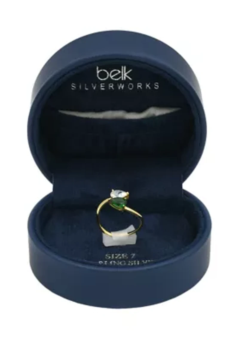 Lab Grown Gold over Sterling Emerald and Clear Cubic Zirconia Pear Open Wrap Ring