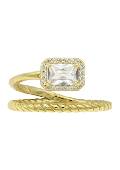 Lab Grown Emerald Cut Cubic Zirconia with Textured Band Wrap Ring Gold Over Sterling Silver