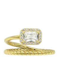 Lab Grown Emerald Cut Cubic Zirconia with Textured Band Wrap Ring Gold Over Sterling Silver